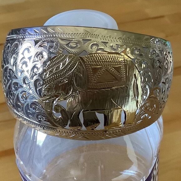 STERLING SILVER 925 GOLD PLATED ELEFANT FILIGREE WIDE LARGE BRACELET​​ - Picture 4 of 7